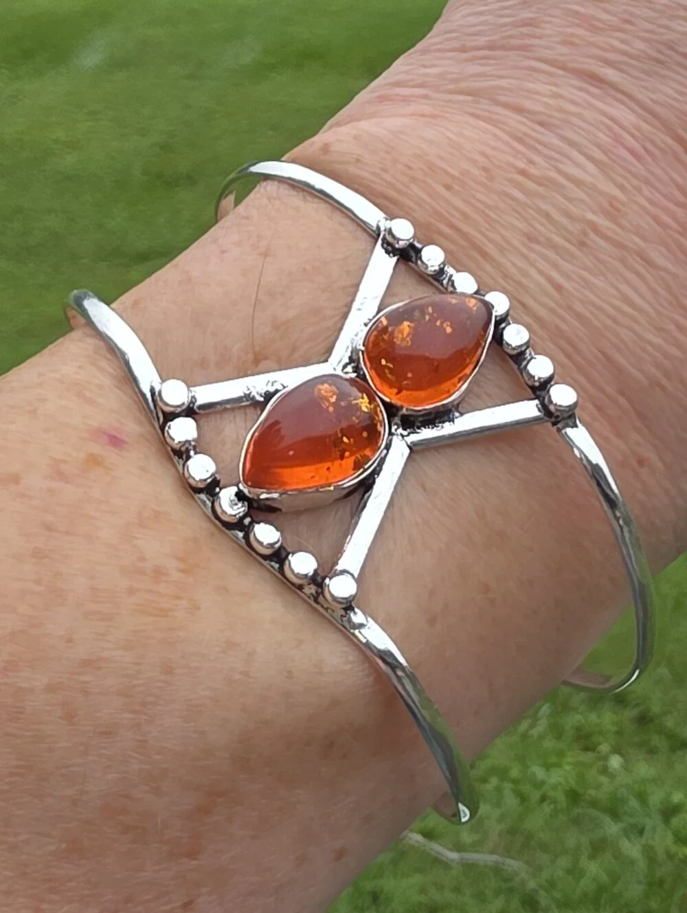 Baltic Amber Cuff Bracelet In 925 Sterling Silver (Adjustable)